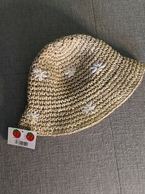 Natural fibers Straw Daisy Crochet Bucket Hat for Kids - Cream
